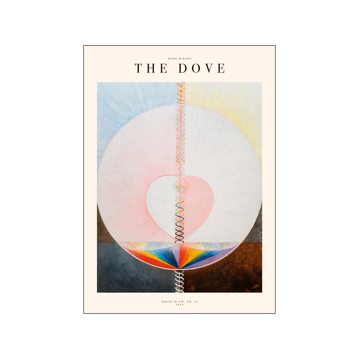 Hilma af Klint abstract dove composition with pastel circle, spiral line, and rainbow base