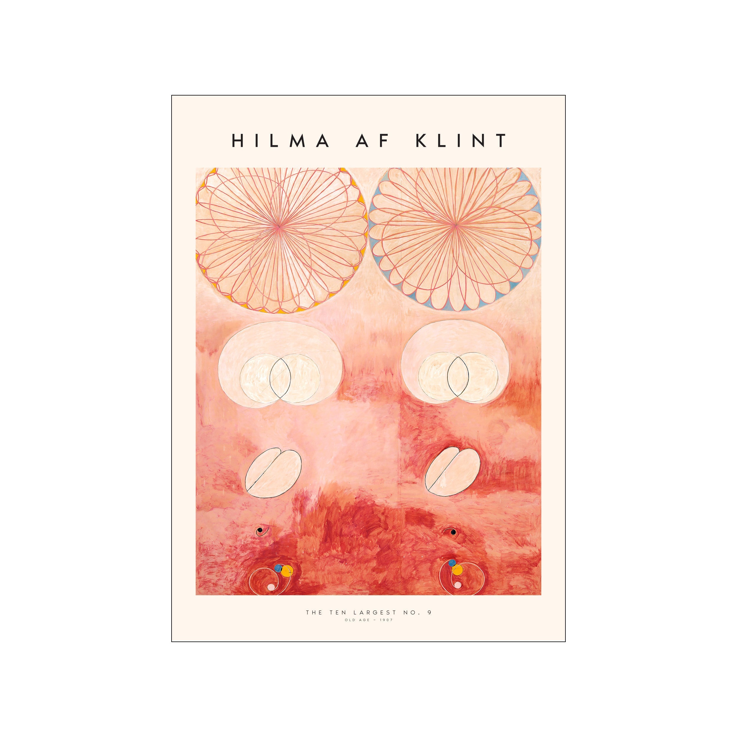 Hilma af Klint abstract print with coral circles, pale blue accents, and cream background