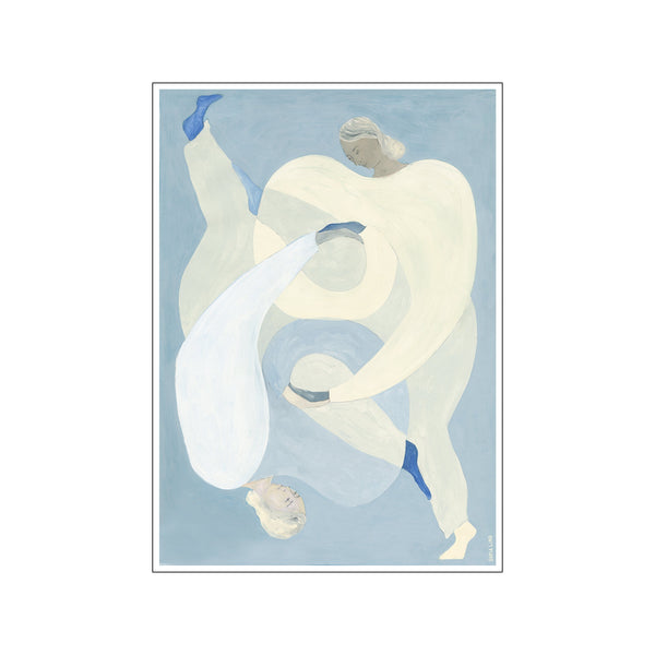 art print by Sofia Lind depicting two intertwined figures in cream and pale blue tones, symbolizing tenderness and balance