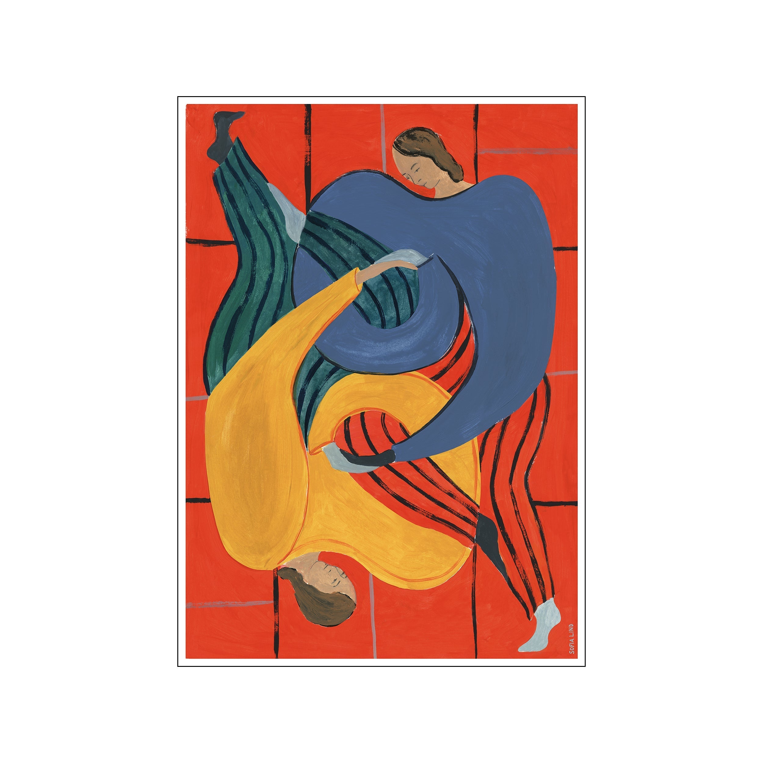 art print by Sofia Lind showing two intertwined figures in blue, yellow, and striped garments set against a bold red background