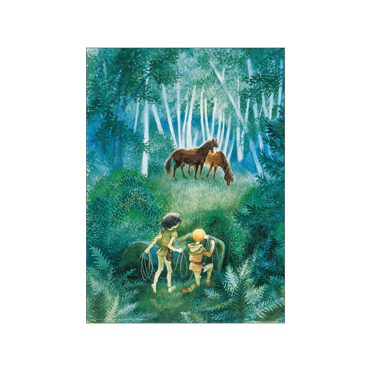 Two children approach horses in a lush blue green forest clearing with tall pale trunks
