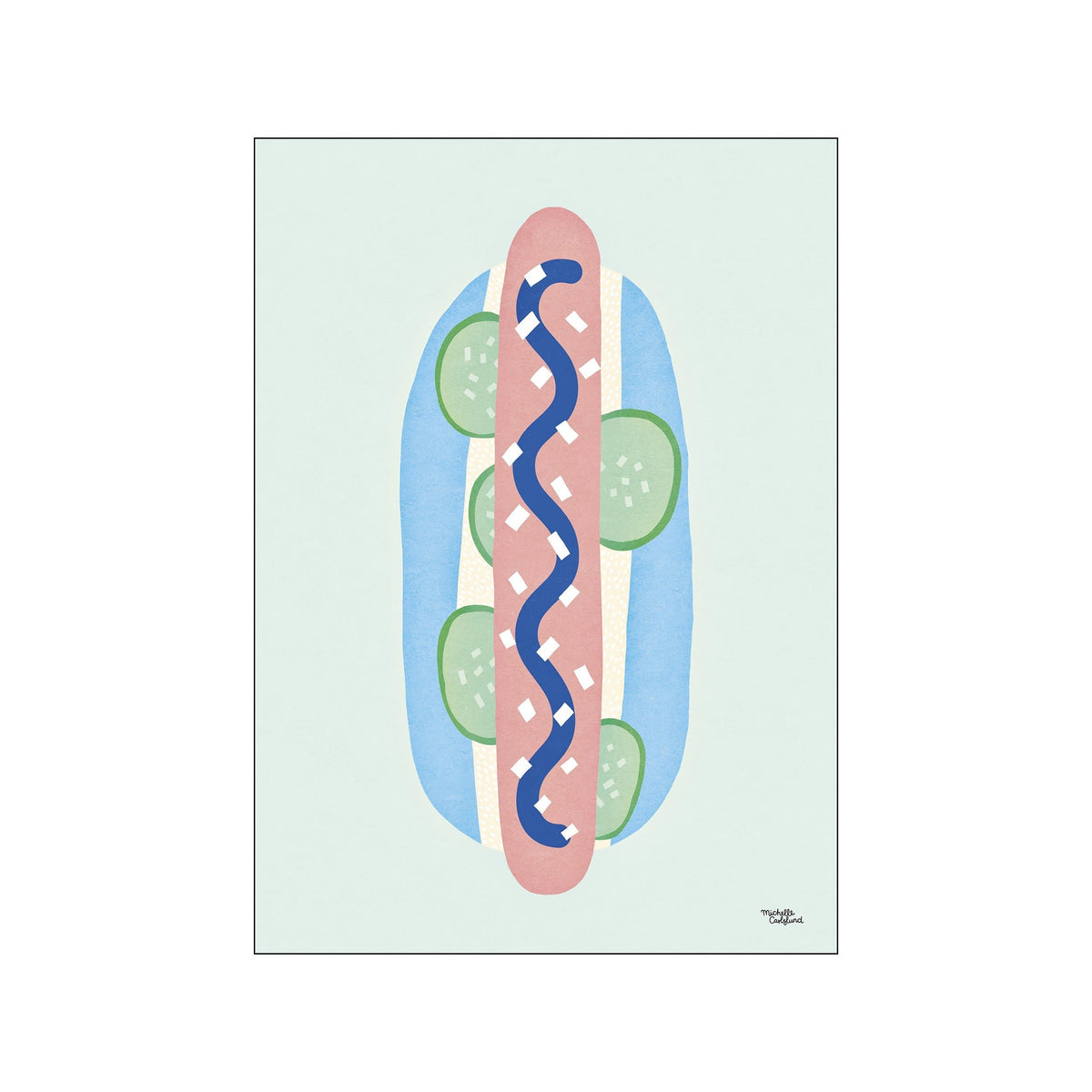 A stylized illustration of a hotdog in a bun, adorned with pickle slices and a squiggly blue condiment. The artwork features a pastel color palette and a whimsical, childlike charm, perfect for adding a touch.