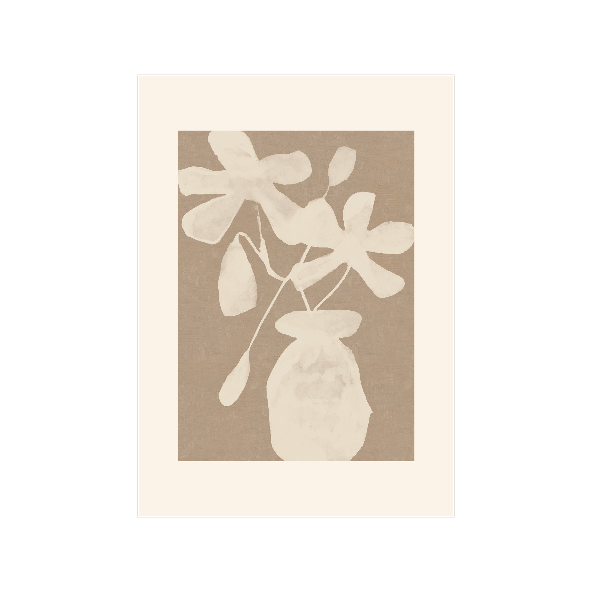 A minimalist composition featuring abstract, creamy white flower shapes and leaves emerging from a soft beige vase, set against a textured, earthy brown background. The style is organic and evocative.