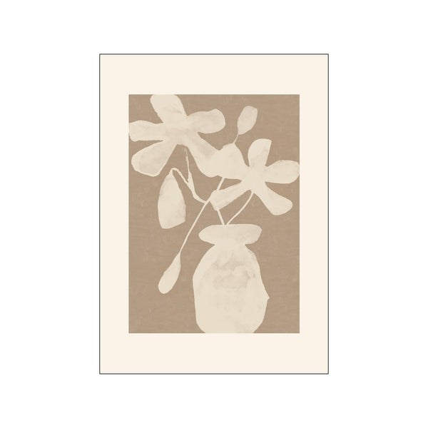 A minimalist composition featuring abstract, creamy white flower shapes and leaves emerging from a soft beige vase, set against a textured, earthy brown background. The style is organic and evocative.