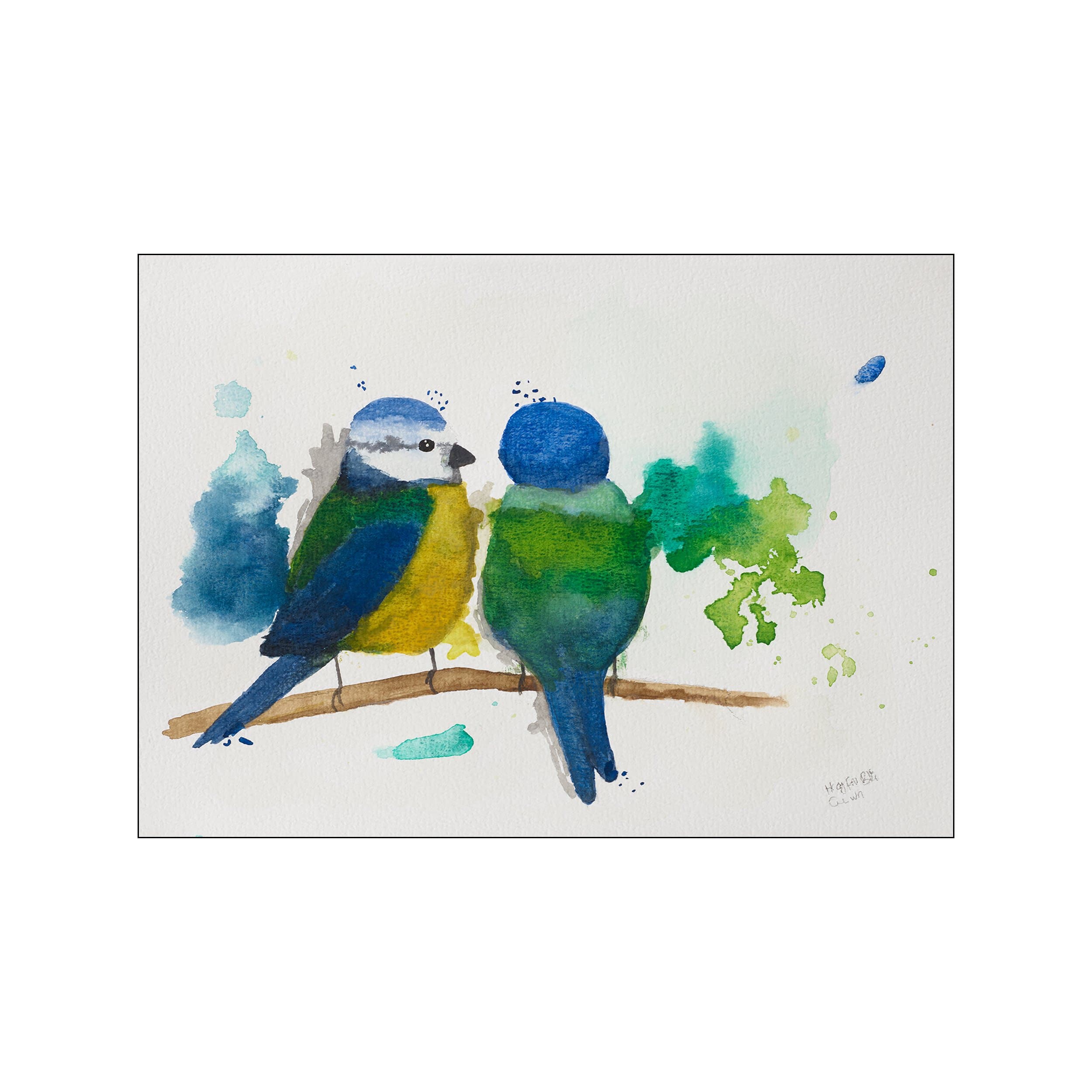 Two bluebirds rendered in a soft watercolor style with splashes of blue, green, and yellow sit on a branch. The artwork evokes a peaceful and charming atmosphere.