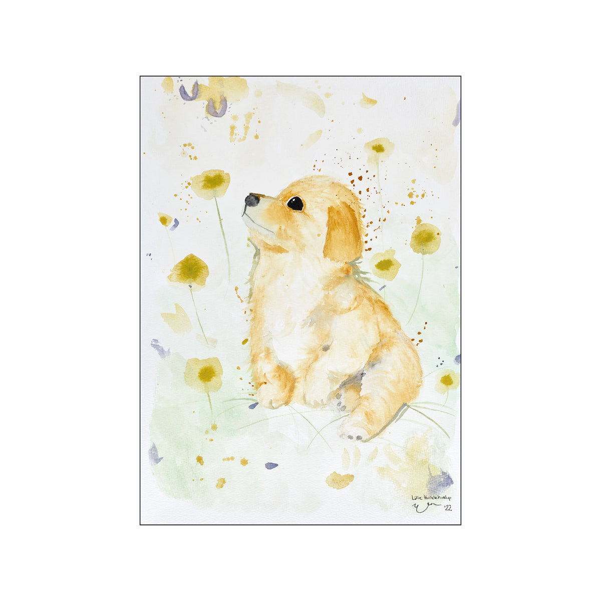 A watercolor painting of a golden retriever puppy sitting amongst soft yellow flowers and green foliage, looking upwards with large, soulful eyes.