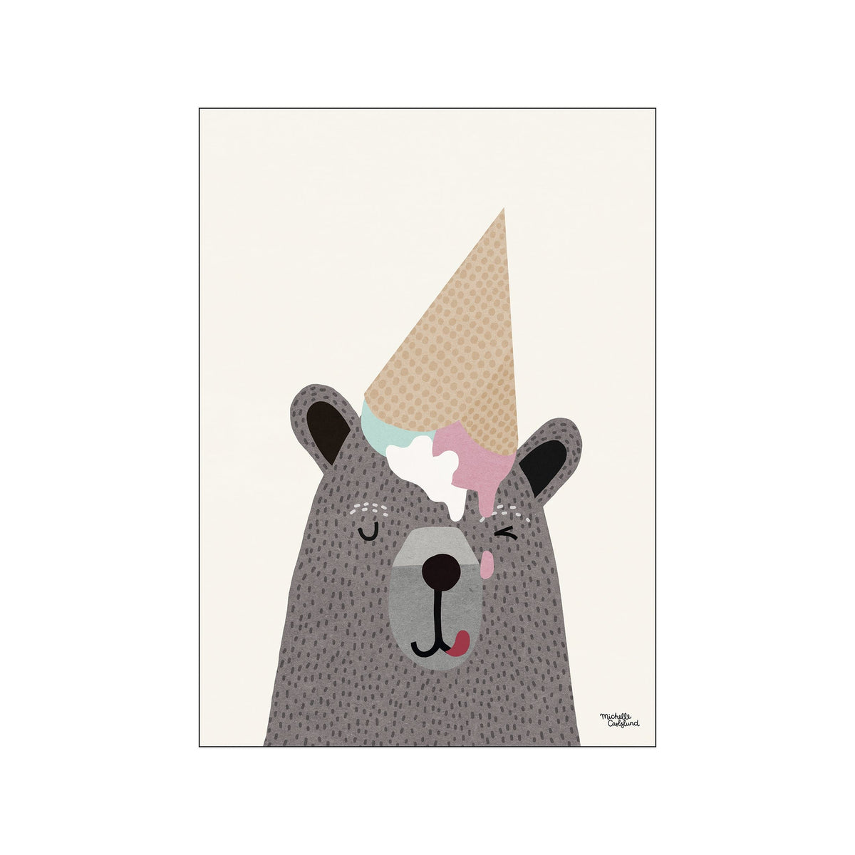 A charming illustration of a grey bear wearing an ice cream cone as a hat, with pastel ice cream melting down its face. The artwork has a soft, neutral background and a playful, endearing vibe.