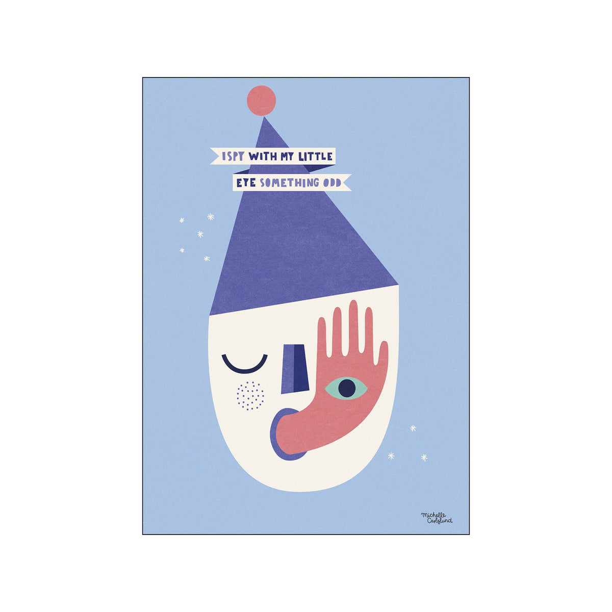 A whimsical, stylized face with a closed eye and a hand covering its face, revealing another eye, set against a soft blue sky with tiny white stars. The artwork has a playful yet serene vibe.