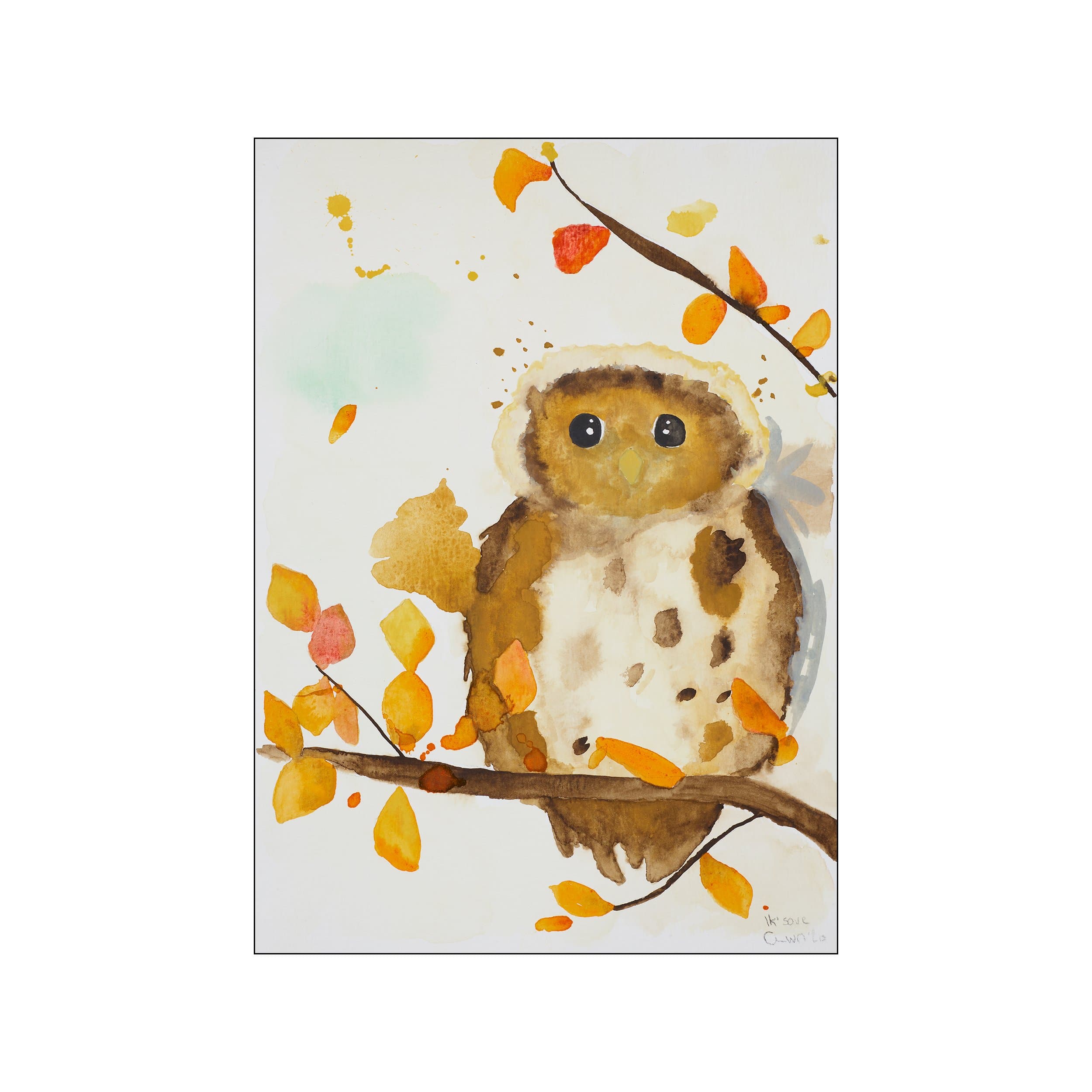 A charming watercolor illustration of a round, fluffy owl with big, dark eyes perched on a branch. The branch is decorated with impressionistic leaves in shades of orange, yellow, and red against a soft, neutral.