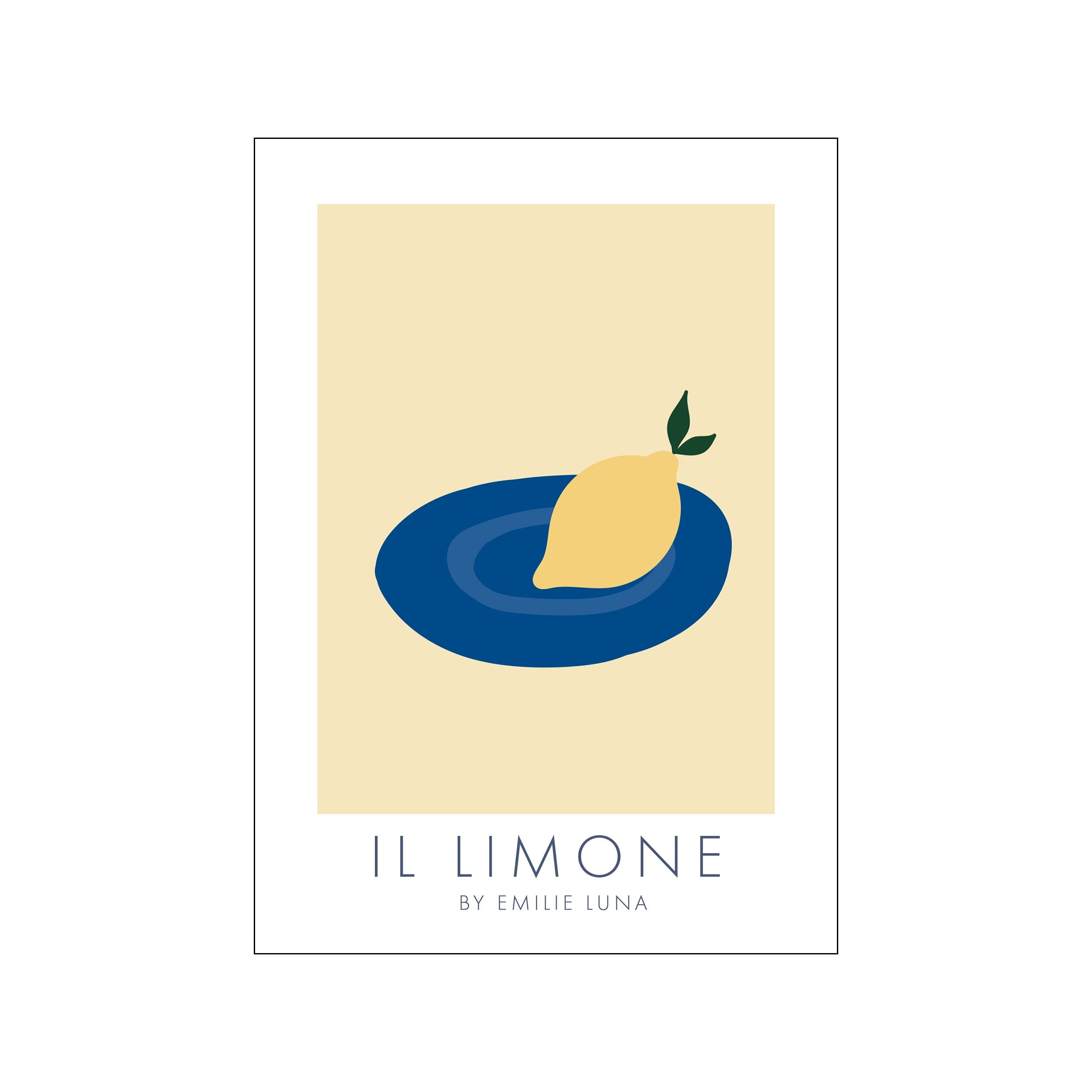 Minimal lemon still life with blue dish and pale yellow background, titled Il Limone 01