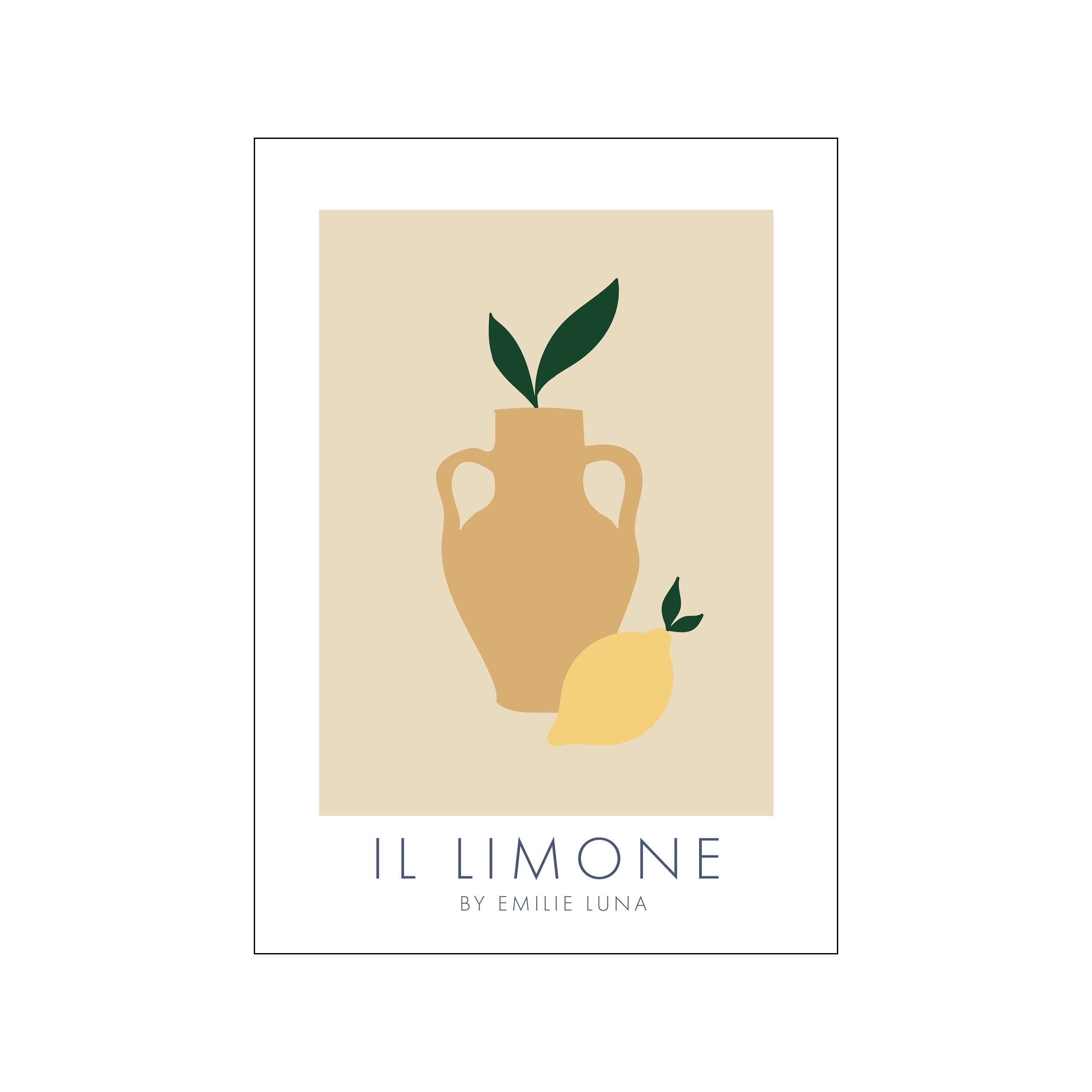 Minimal lemon and vase still life print with beige background, green leaves, and muted yellow accents