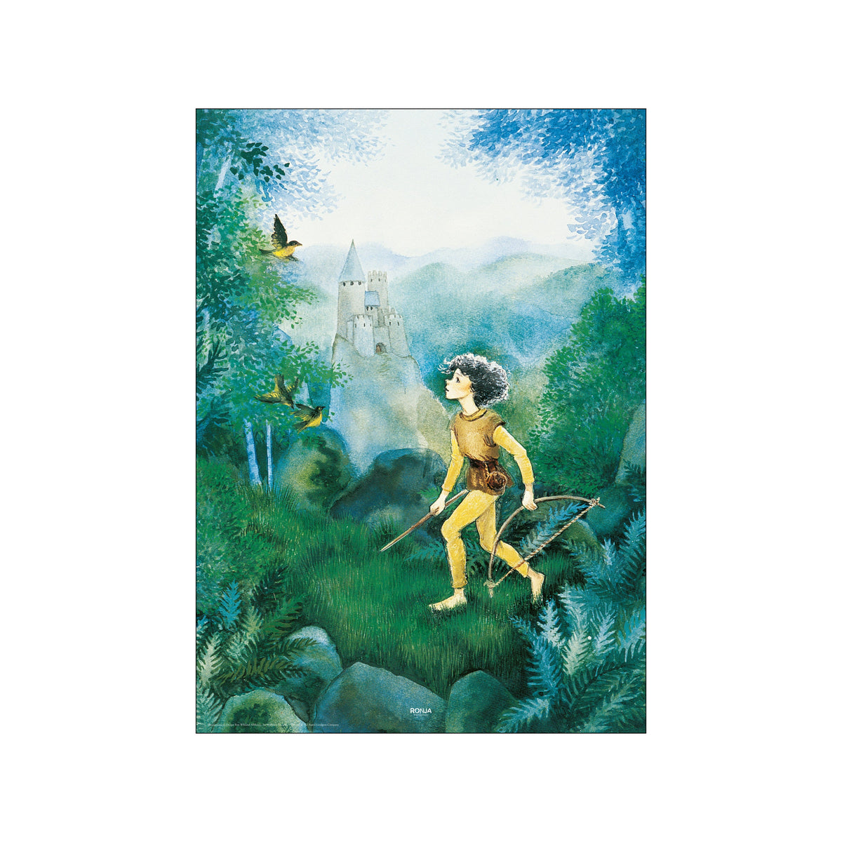 Ronja stands in a lush blue green forest with birds and a distant castle