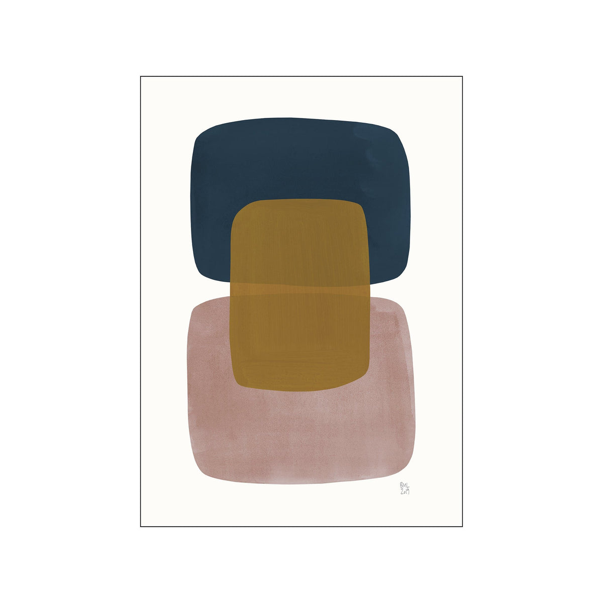 Abstract print with layered navy, ochre, and blush rounded blocks on an off-white background