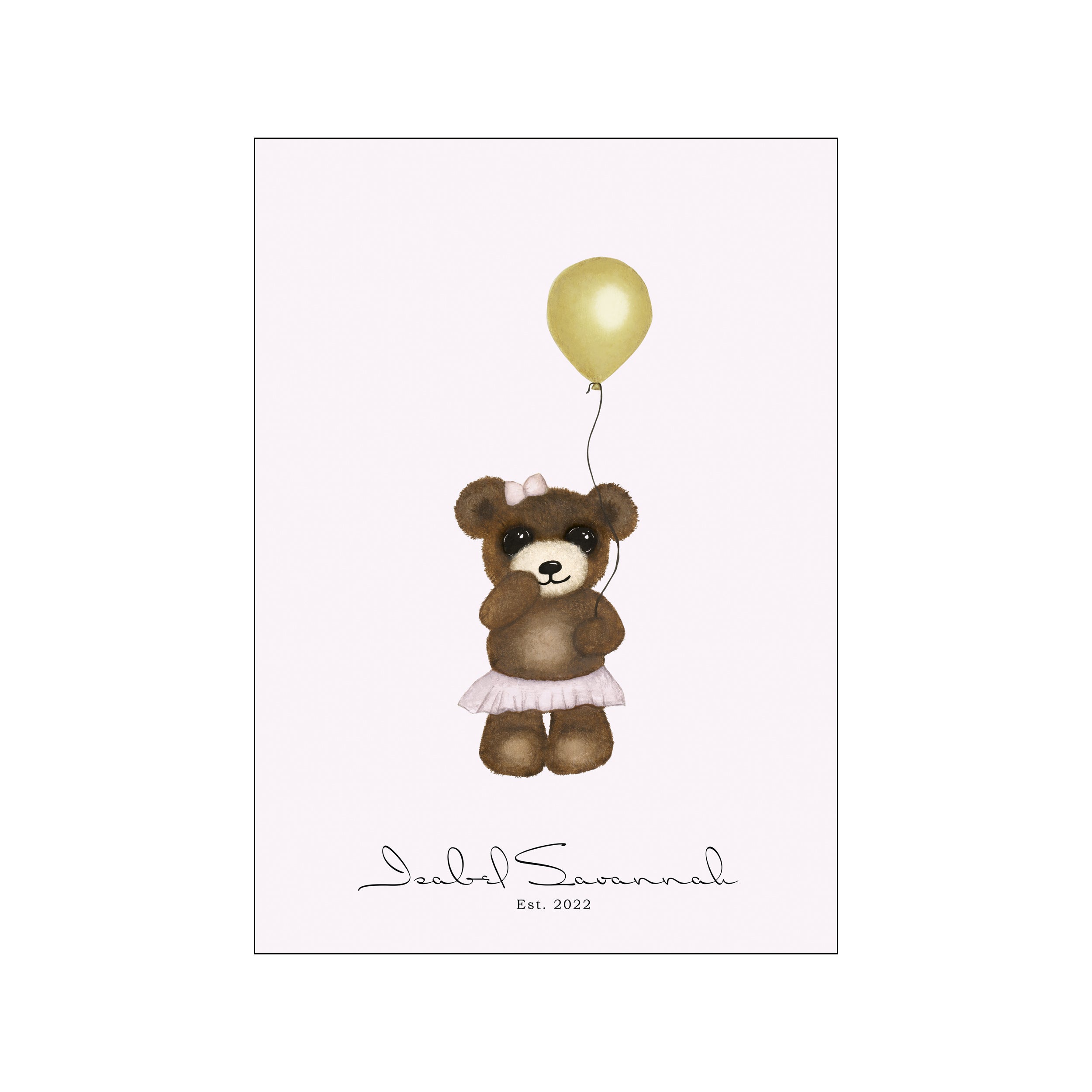 A watercolor illustration of a fluffy teddy bear wearing a pink tutu and bow, holding a single golden balloon. The background is a soft, pale pink.