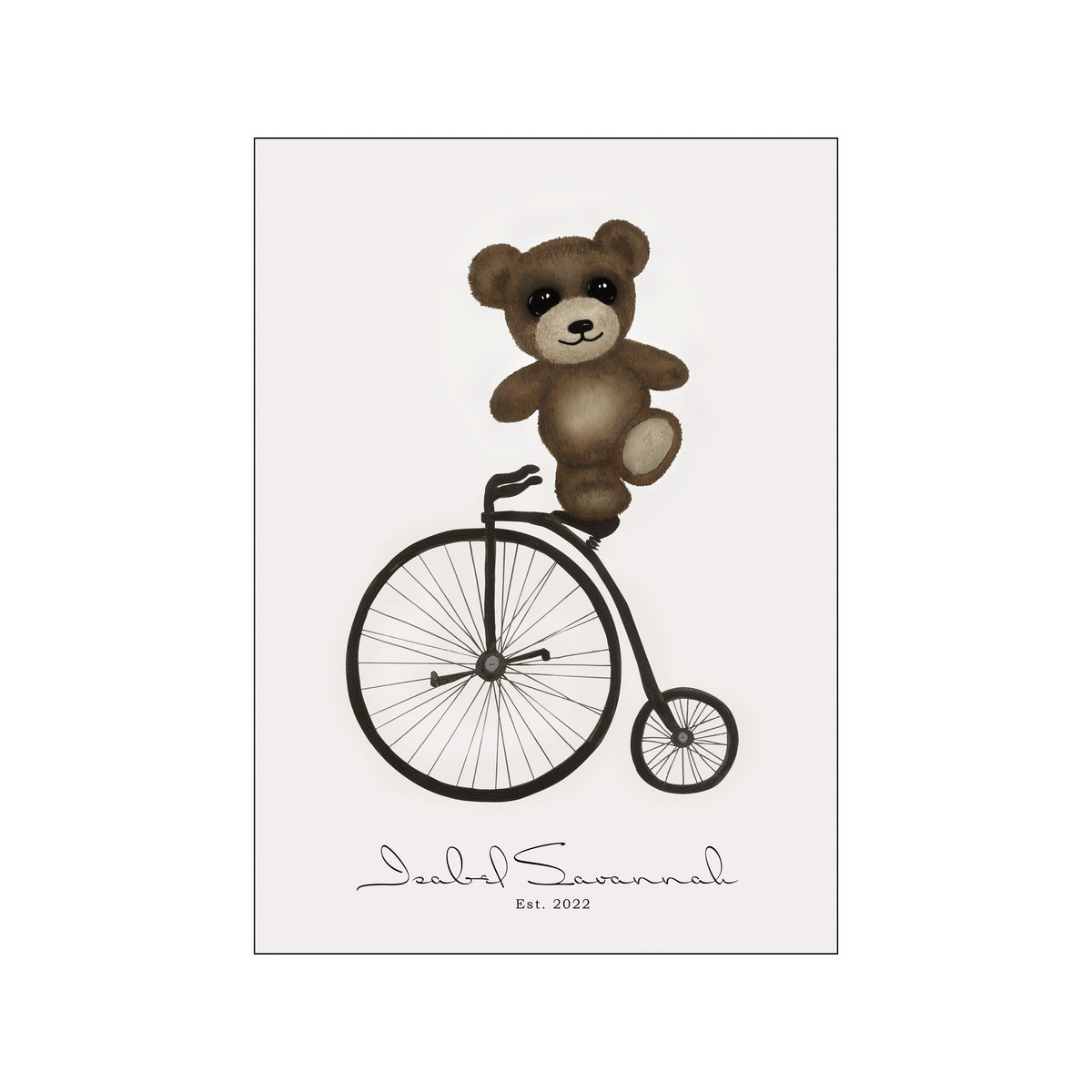 A charming, hand-painted style image of a fluffy brown teddy bear balancing on a vintage penny-farthing bicycle against a soft, neutral background. The artwork has a nostalgic and whimsical feel.