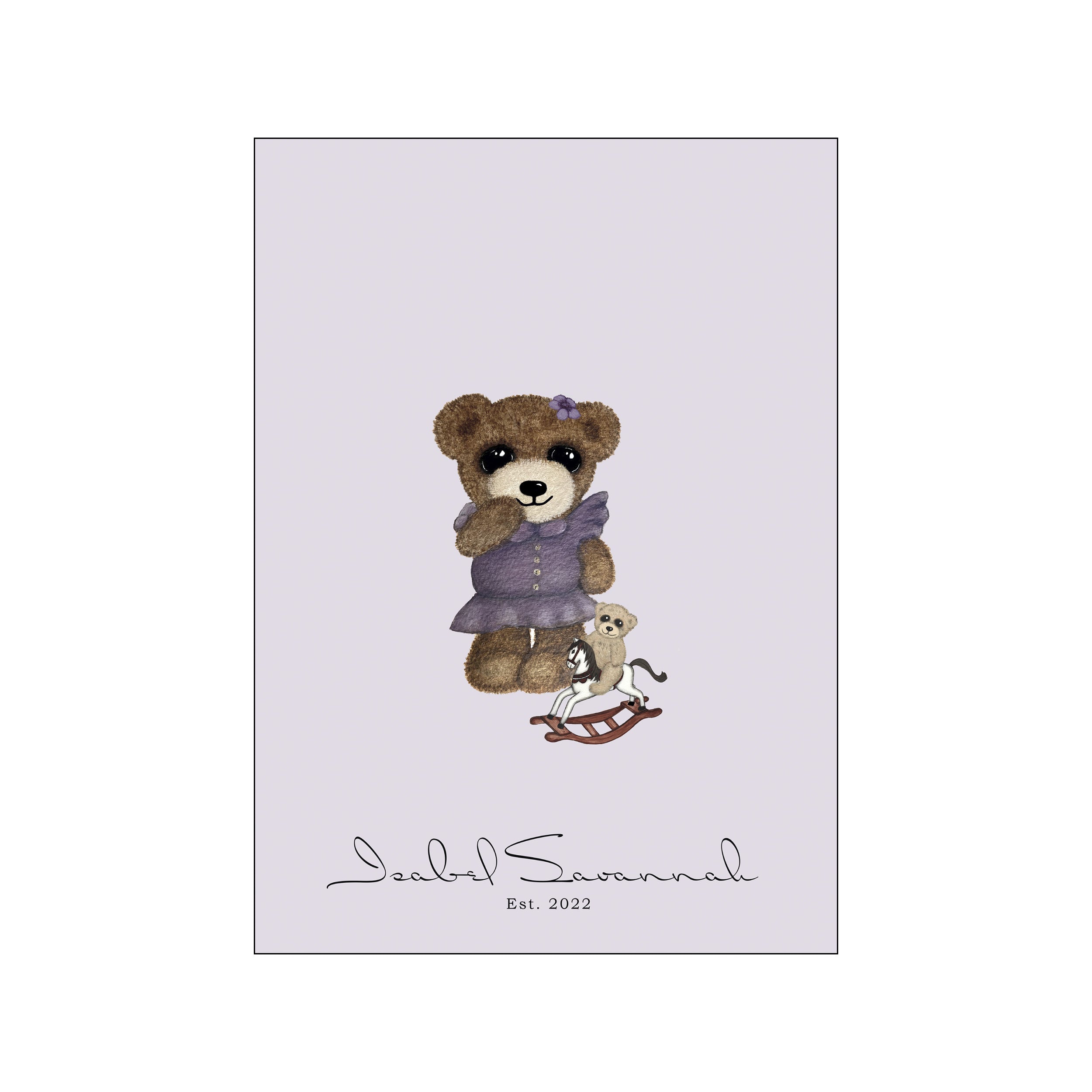 A tender watercolor illustration of a fluffy teddy bear in a ruffled lavender dress and purple bow, with a smaller teddy on a rocking horse below, all set against a soft lilac background.