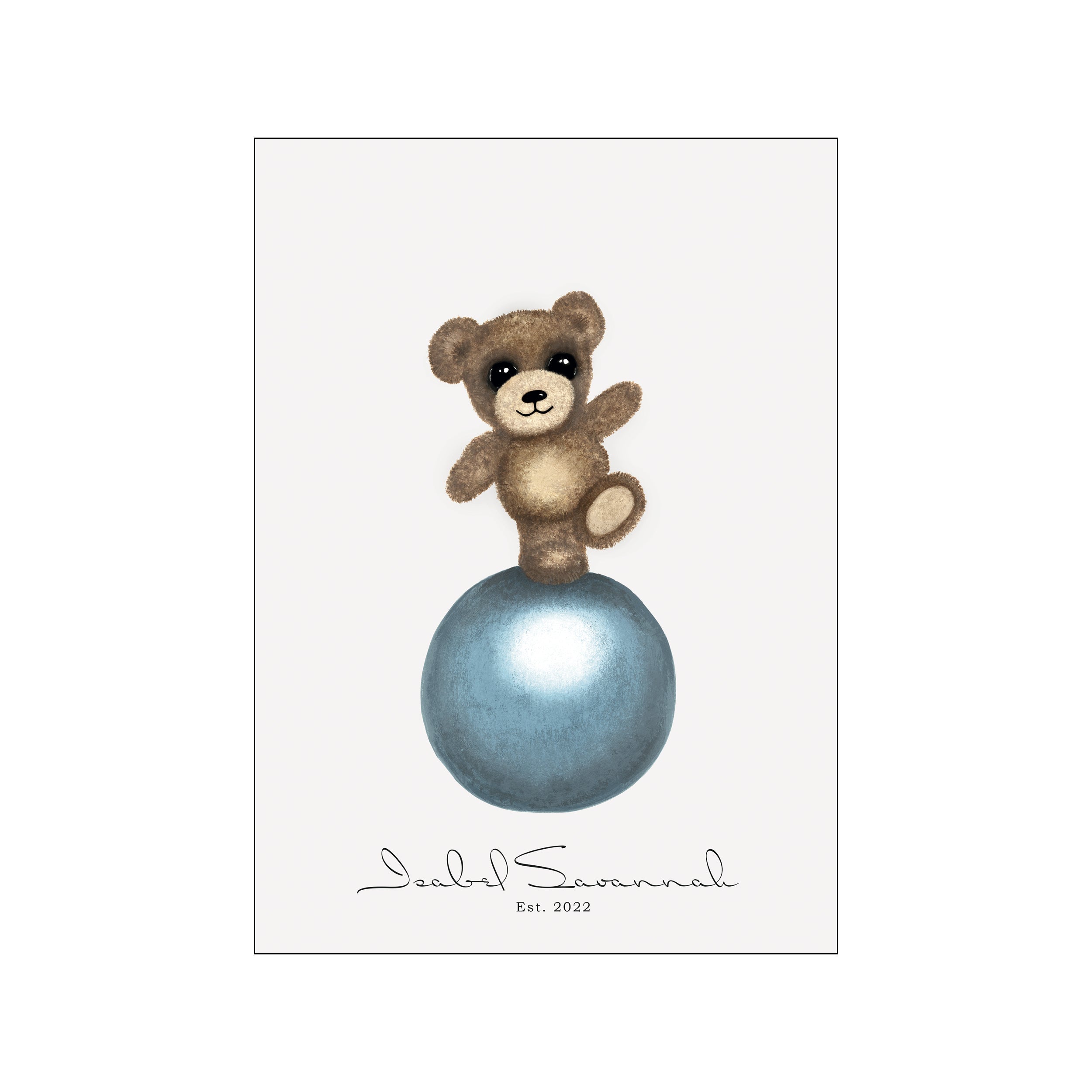 A soft brown teddy bear balances with one paw raised on a gleaming blue sphere against a light gray background. The artwork has a gentle, dreamlike quality, perfect for a child's room or eclectic gallery.