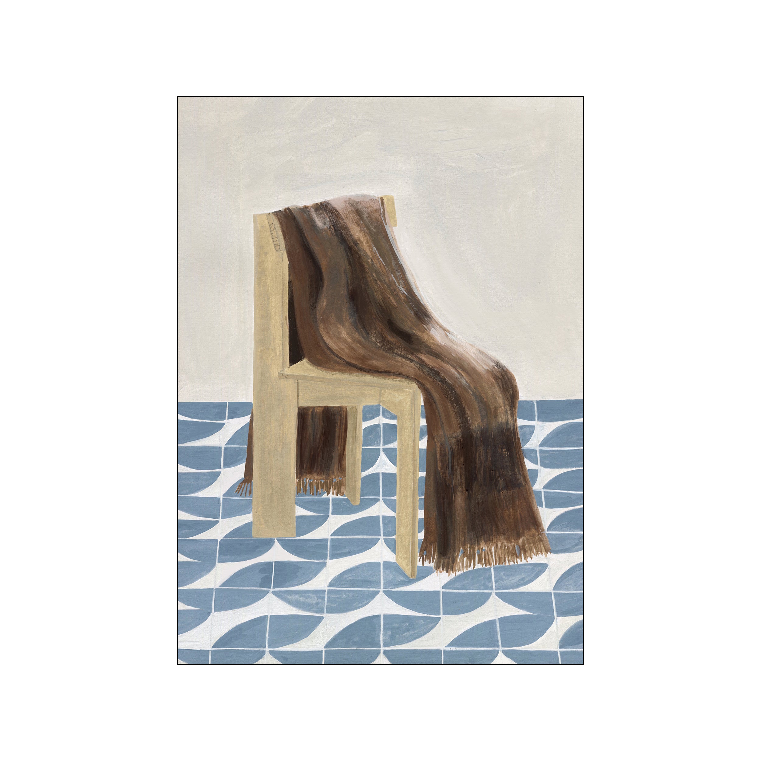 Minimalist painting by Isabelle Vandeplassche featuring a brown blanket draped over a wooden chair on a blue patterned tiled floor.