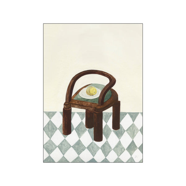 Minimalist painting by Isabelle Vandeplassche featuring a brown wooden chair with a lemon on a plate, set on a pale green checkered floor.