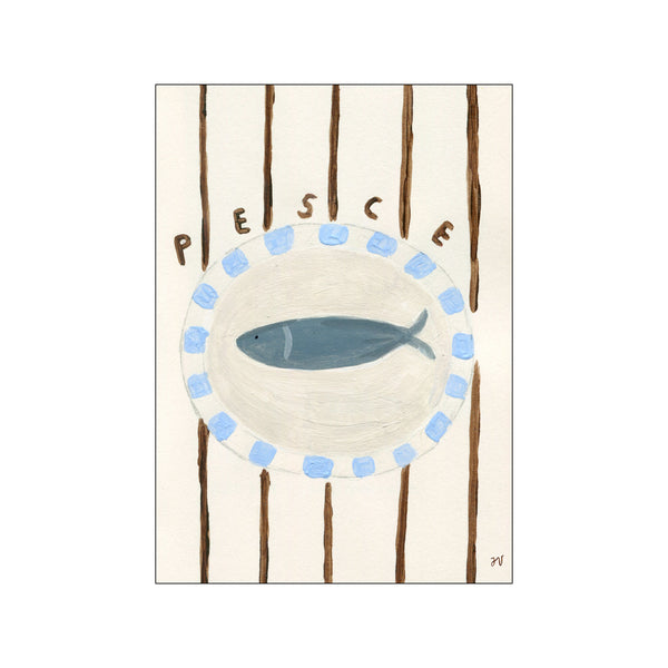 Pesce art print by Isabelle Vandeplassche showing a hand-painted fish on a blue-and-white plate with rustic vertical stripes