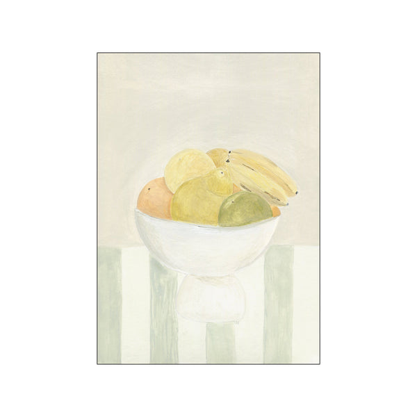 Minimalist still life painting by Isabelle Vandeplassche featuring a white bowl of fruit on a softly striped table in neutral pastel tones.