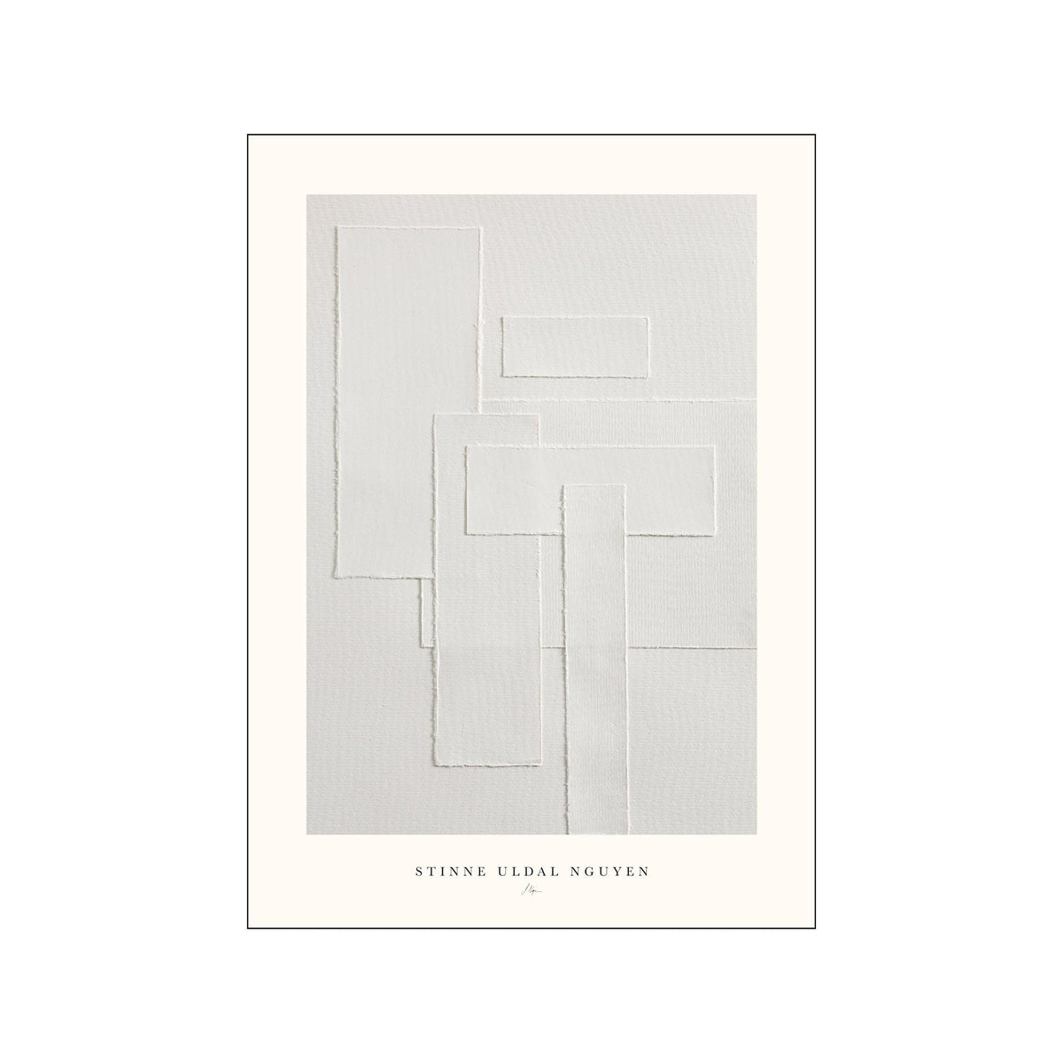 Minimal white abstract collage with layered rectangles and subtle textured edges