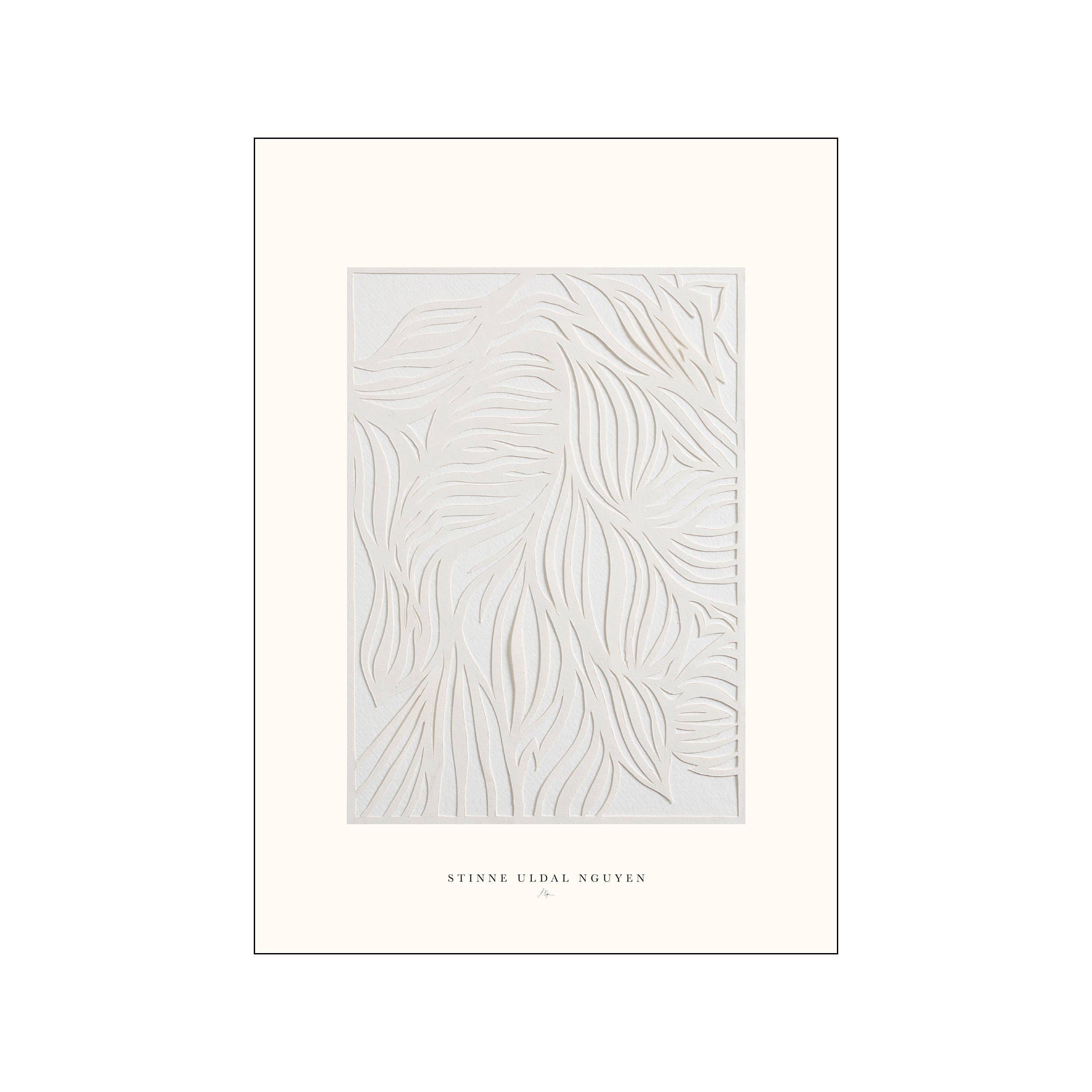 White-on-white abstract botanical relief print with layered organic lines and a cream border