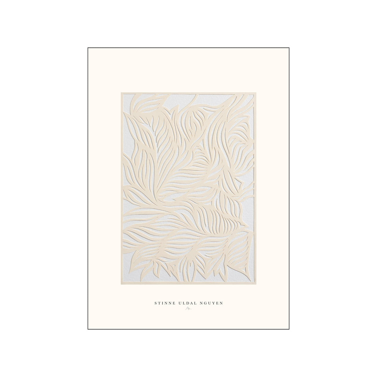 Vertical beige botanical collage with layered leaflike forms on a pale neutral background