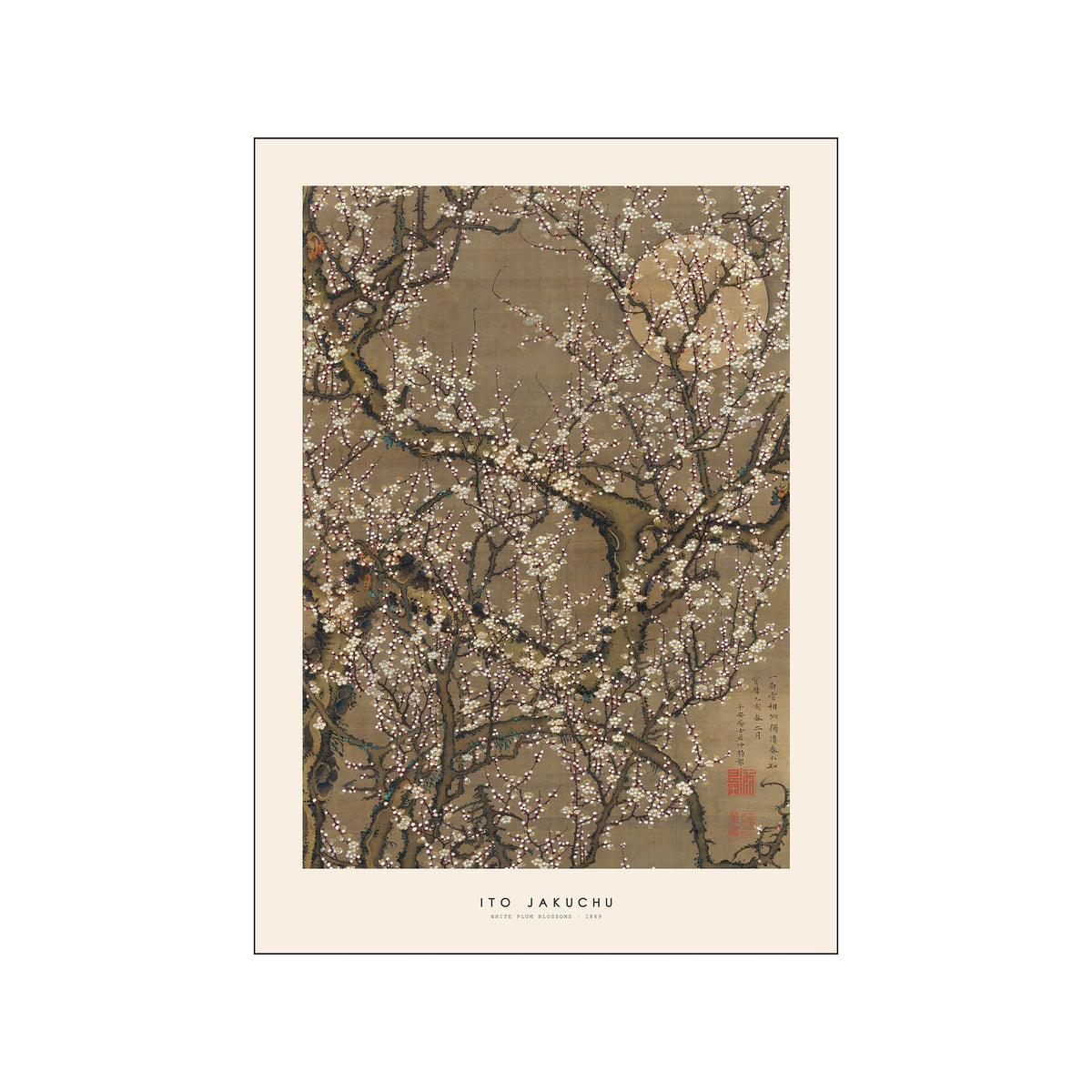 Ito Jakuchu White Plum Blossoms print with dense branches and small white flowers on brown ground