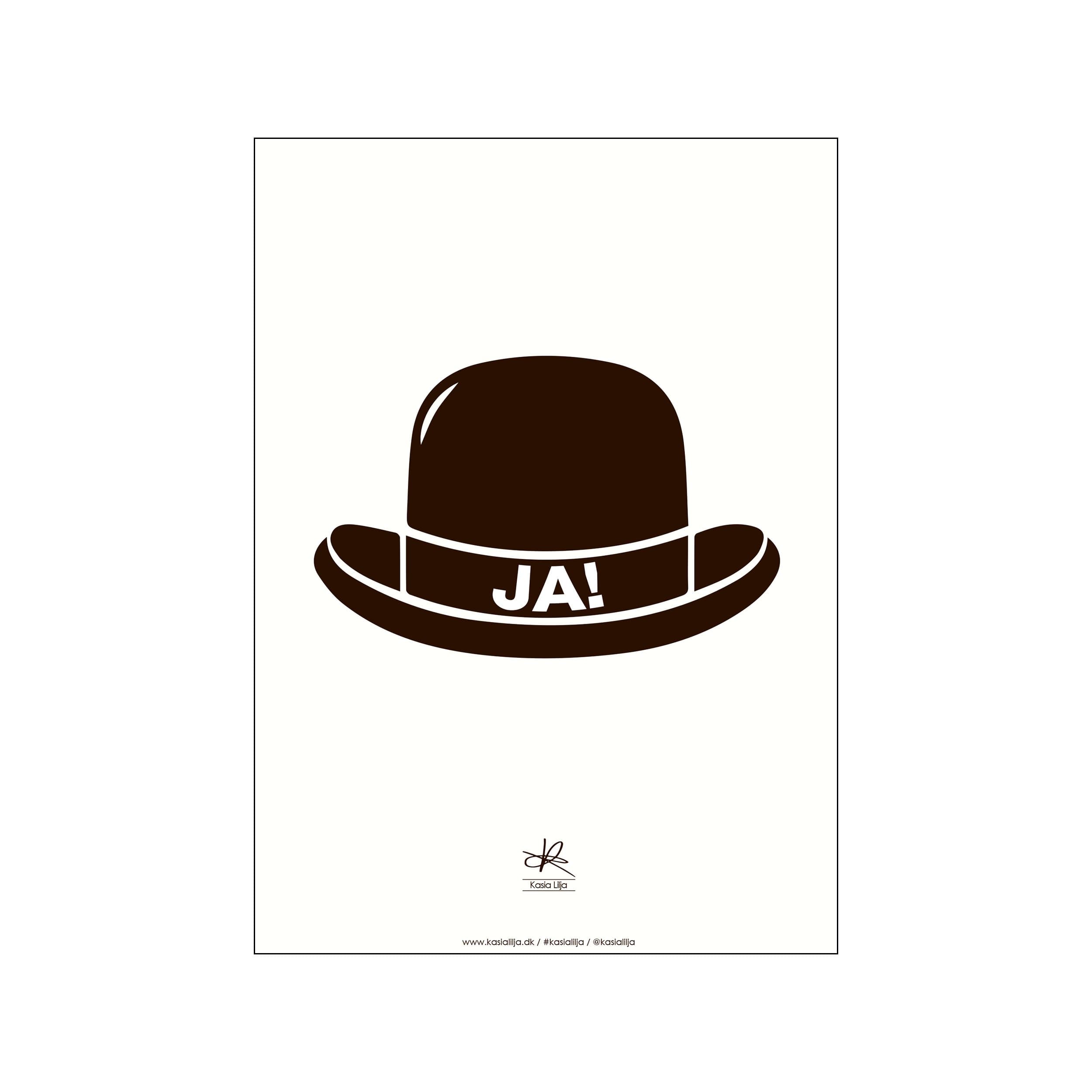 Minimal brown hat graphic with JA! text on a cream background, centered on the page