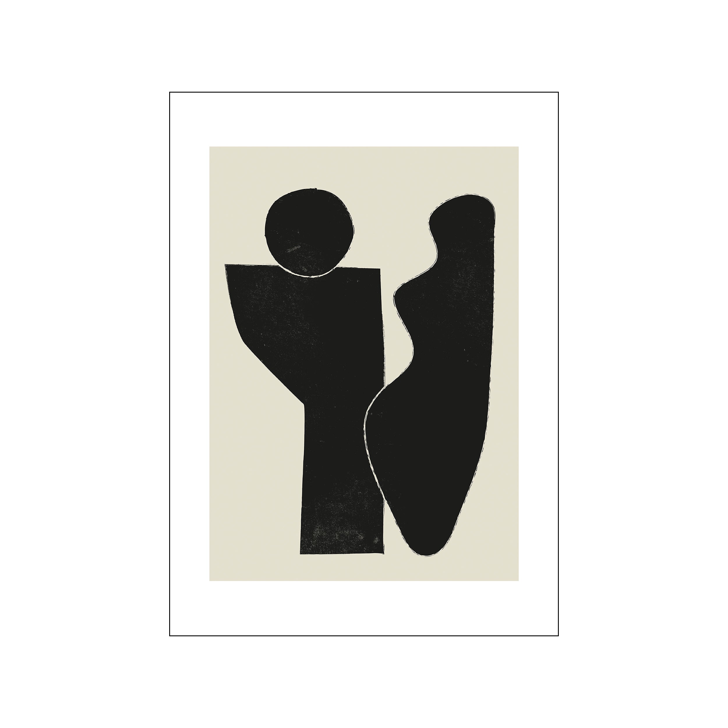 An abstract artwork featuring contrasting black shapes, one circular and one flowing silhouette, set against a muted beige background, evoking a minimalist and contemplative mood.