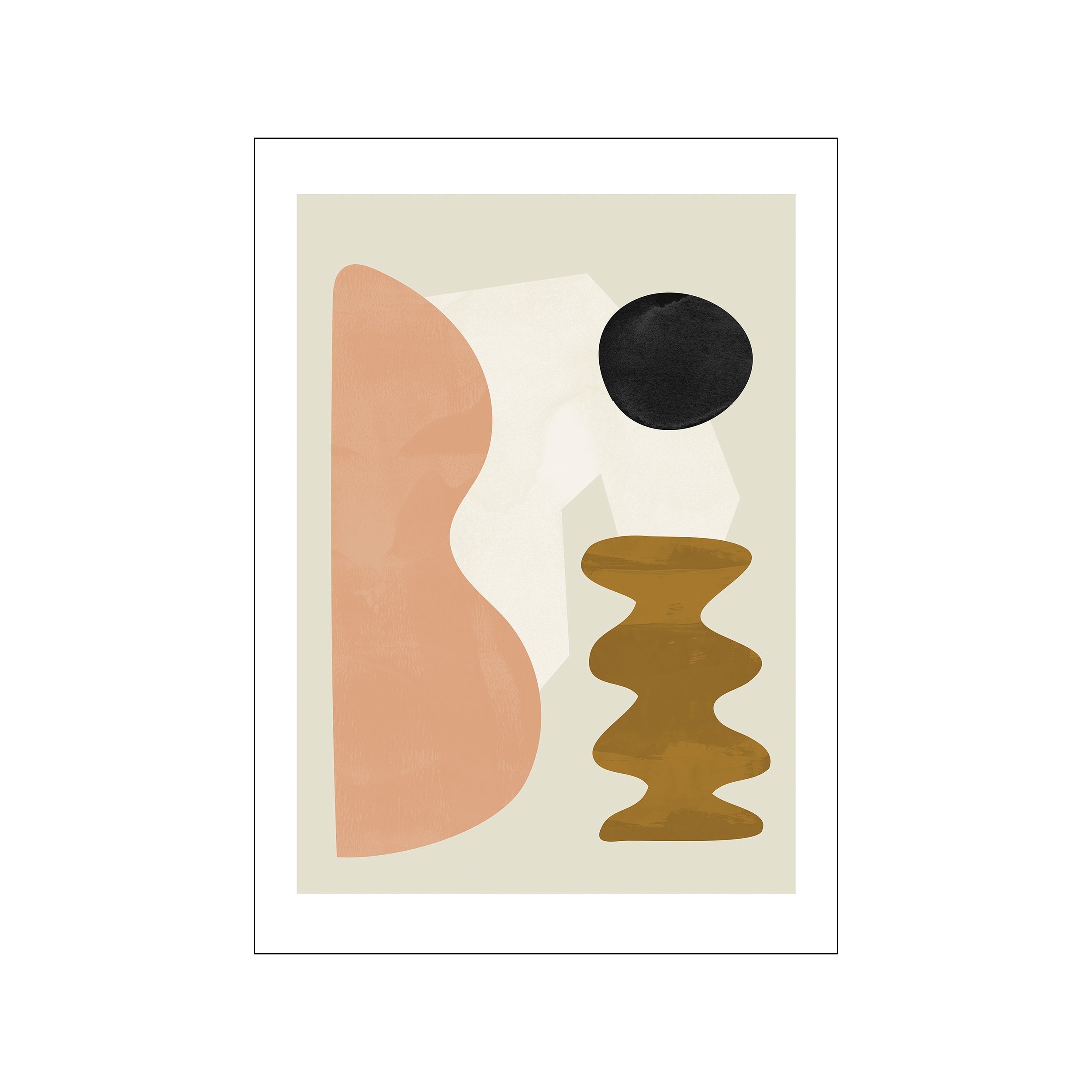Abstract artwork with curved peach and gold shapes against a cream background, punctuated by a black circle, evoking a sense of organic balance and modern artistry.
