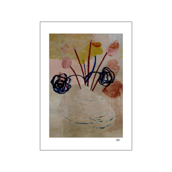 An abstract composition featuring a textured vase filled with loosely rendered flowers in shades of pink, yellow, and red, with bold blue and red stem details against a muted, earthy background.