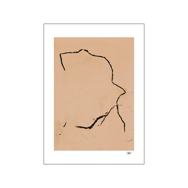 An abstract composition featuring a soft, muted peach background with bold, gestural black lines forming a central shape. The artwork has a modern yet organic feel, evoking a sense of calm contemplation and artistic depth.
