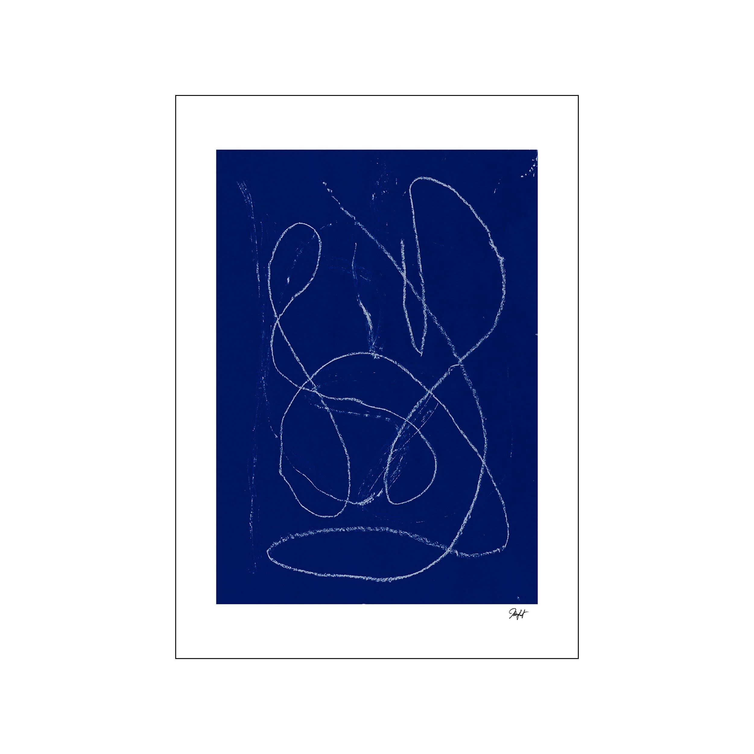 Abstract artwork featuring free-flowing white lines and gestural marks against a deep, rich blue background, creating a contemplative and dynamic visual impression.
