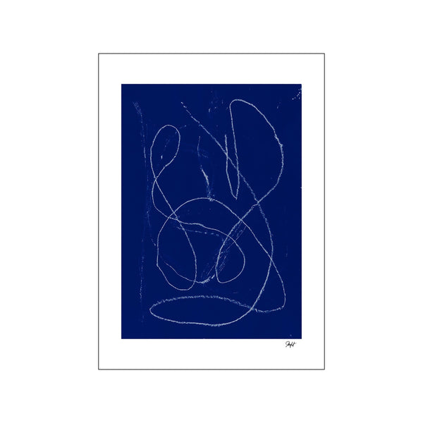 Abstract artwork featuring free-flowing white lines and gestural marks against a deep, rich blue background, creating a contemplative and dynamic visual impression.