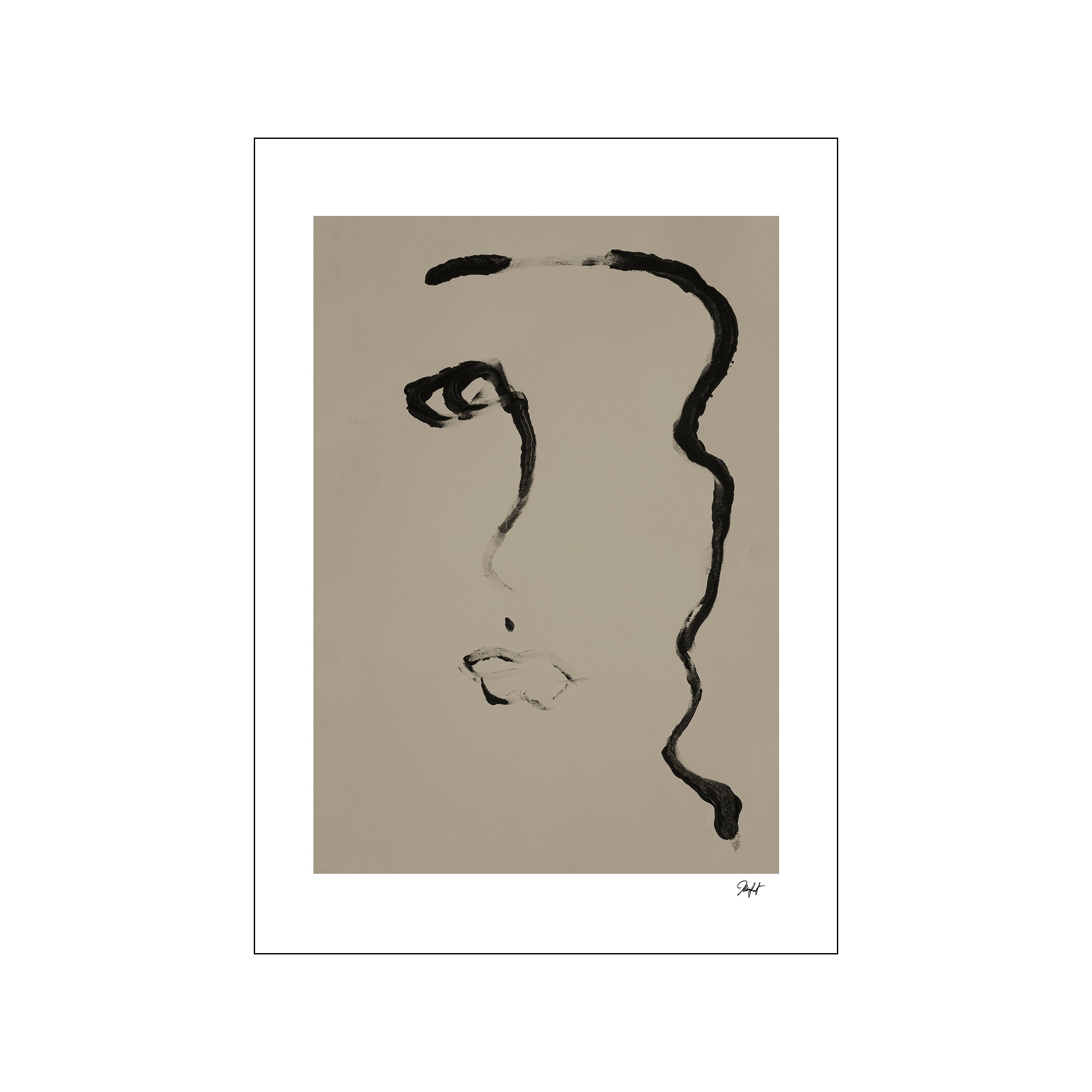 An abstract ink drawing of a woman's face and flowing hair in black lines against a beige background, conveying a mood of thoughtful elegance and artistic expression.