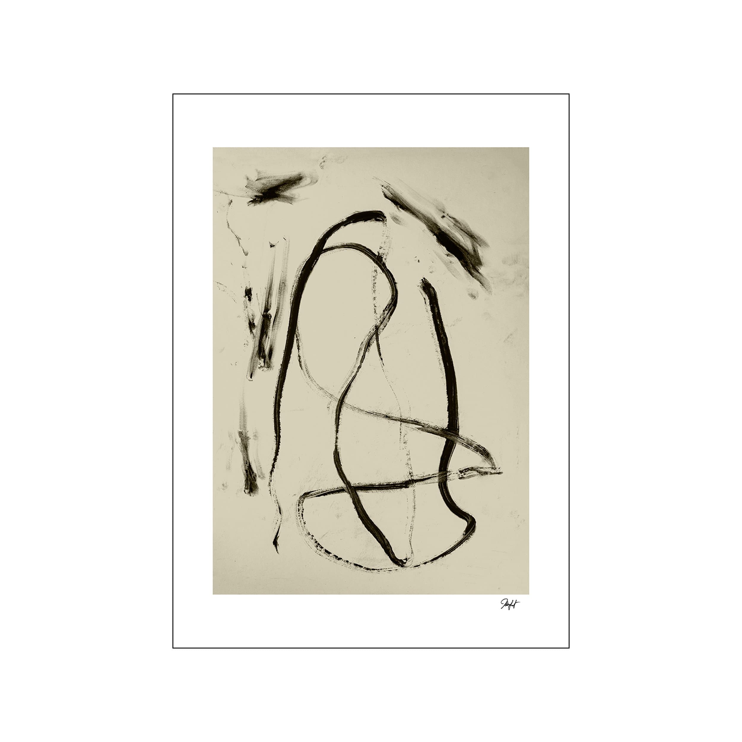 Abstract artwork with bold, flowing black lines on a creamy, textured background, suggesting dynamic movement and a calm, artistic vibe. Features the artist's signature.