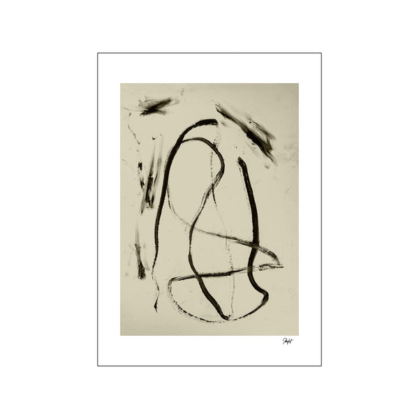 Abstract artwork with bold, flowing black lines on a creamy, textured background, suggesting dynamic movement and a calm, artistic vibe. Features the artist's signature.
