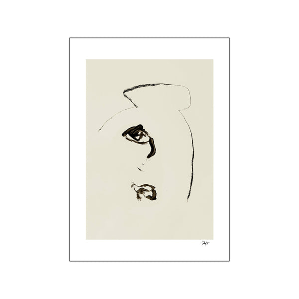 Abstract portrait sketch in charcoal tones on a neutral background, with bold, fluid lines suggesting a profile and face, conveying a sense of artistic contemplation and calm.