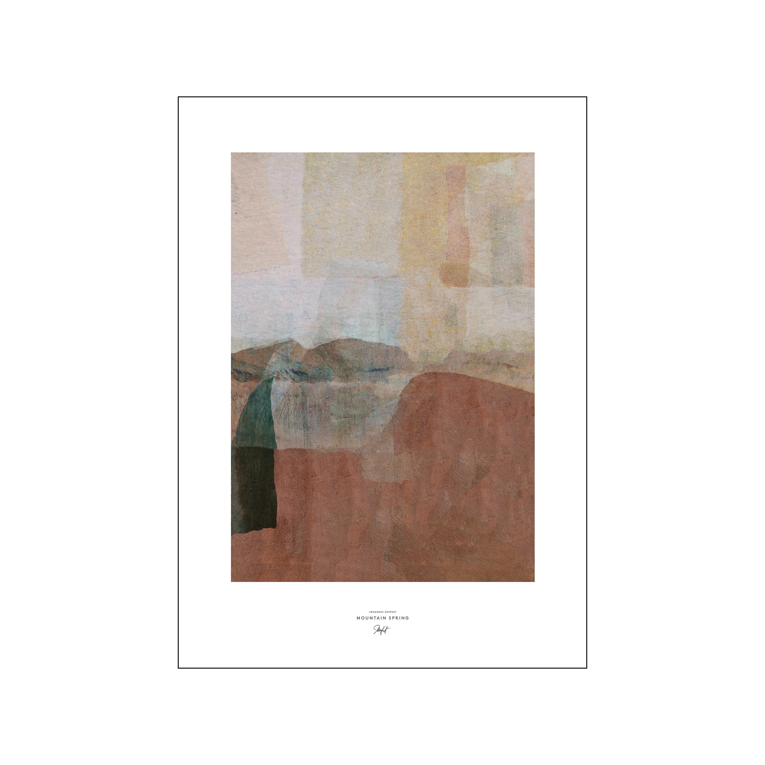 An abstract landscape painting with horizontal bands of color, featuring earthy tones like terracotta and ochre, with hints of muted green and soft blues, suggesting a mountain scene.