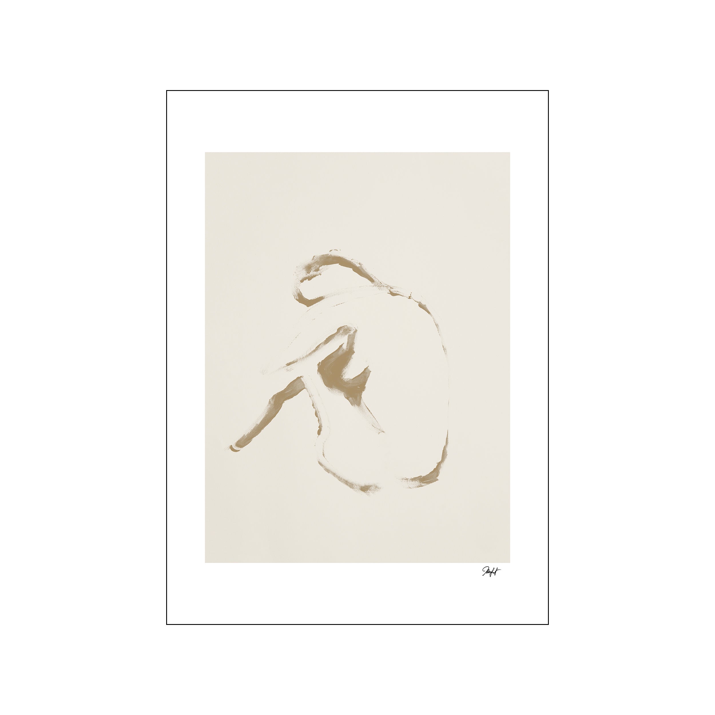 An abstract depiction of a figure curled in repose, rendered in delicate, warm golden-brown brushstrokes against a soft, creamy background, evoking a sense of tranquility and introspection.