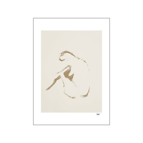 An abstract depiction of a figure curled in repose, rendered in delicate, warm golden-brown brushstrokes against a soft, creamy background, evoking a sense of tranquility and introspection.