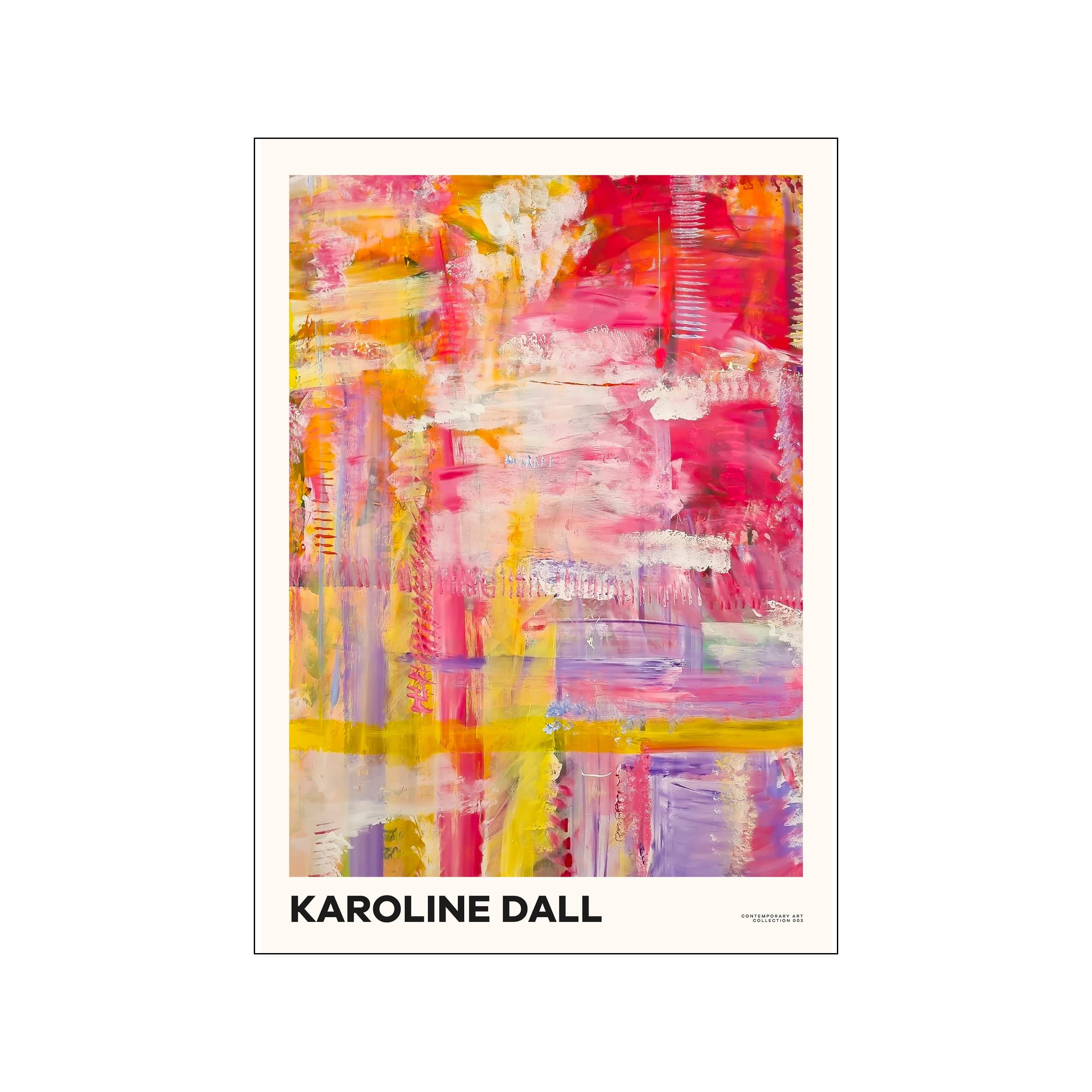 Abstract print with layered pink, yellow, orange, and lavender brushstrokes by Karoline Dall