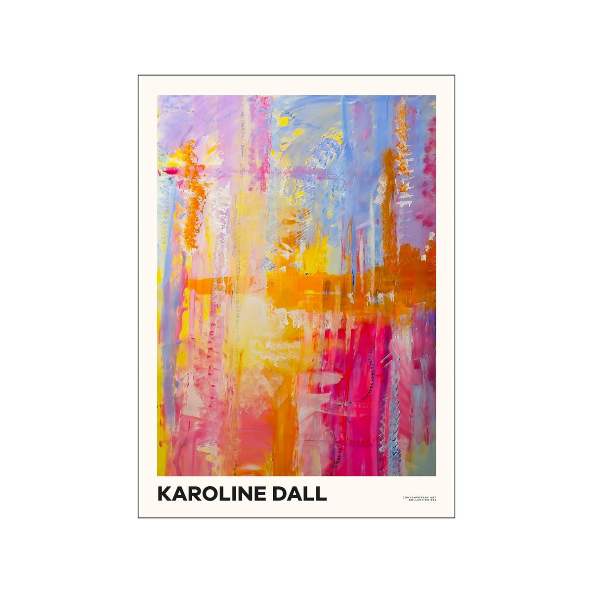 Abstract poster with layered pink, yellow, orange, blue, and lavender brushstrokes