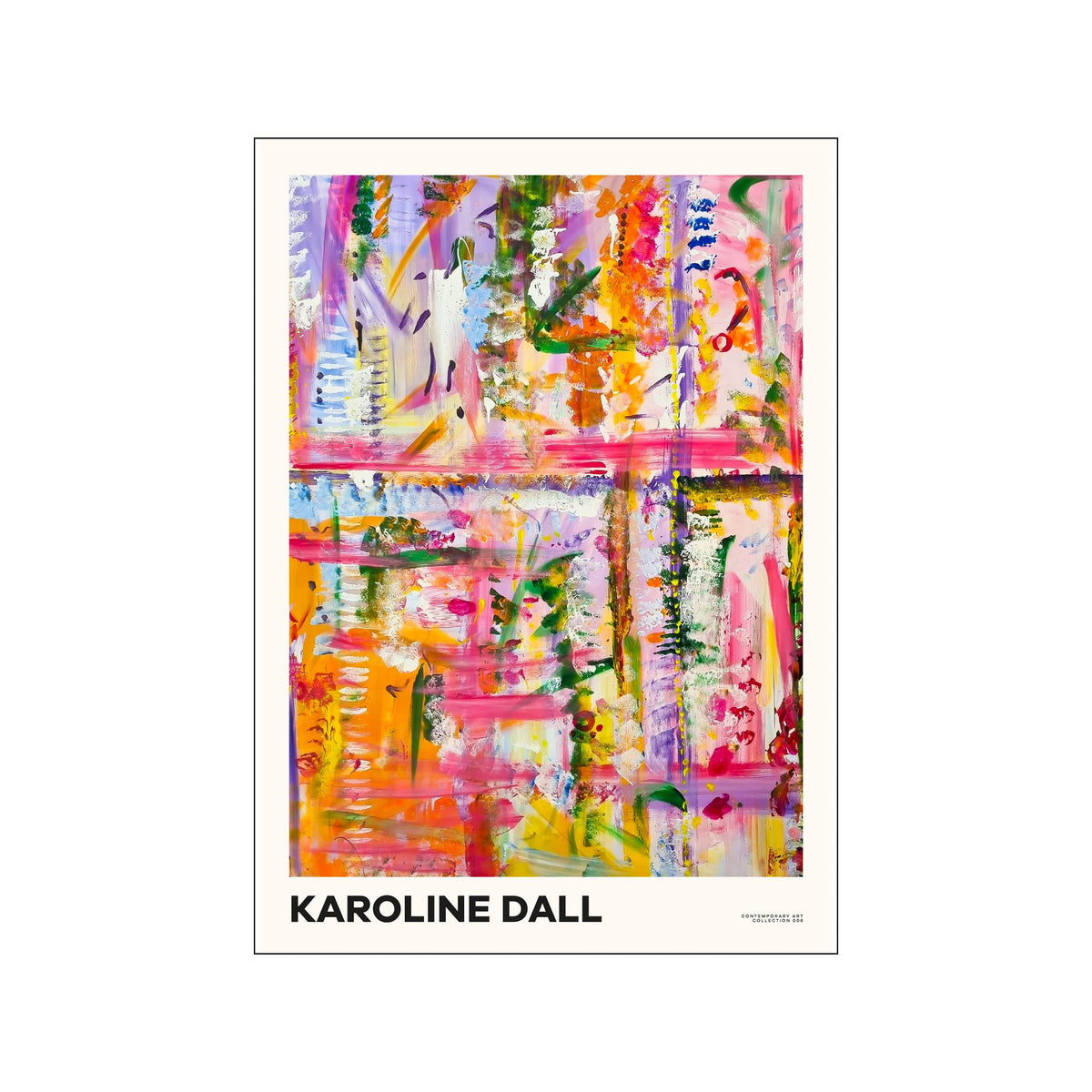 Colorful abstract print with layered pink, orange, green, and lilac brushstrokes