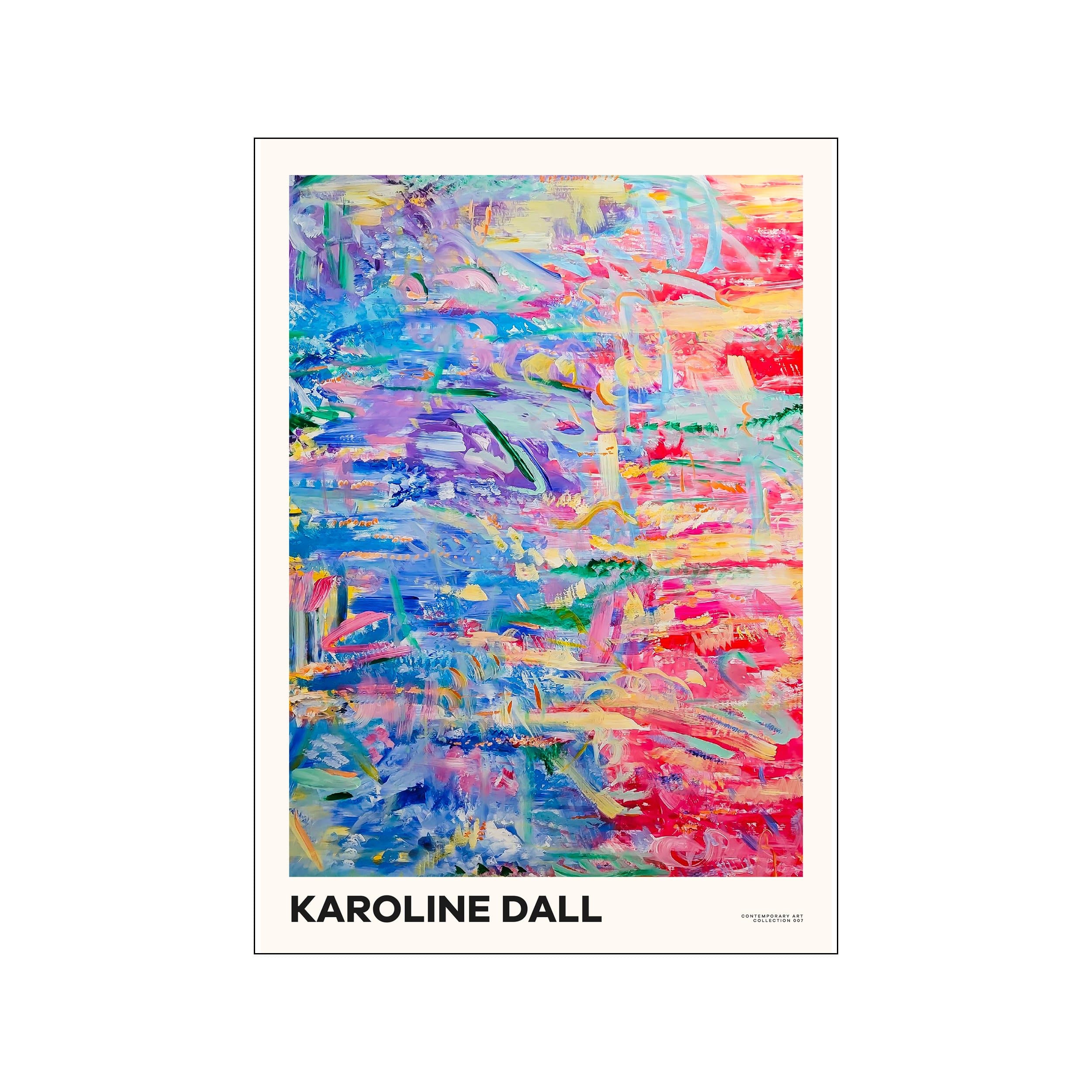 Abstract multicolor print with layered blue, pink, yellow, and violet brushstrokes