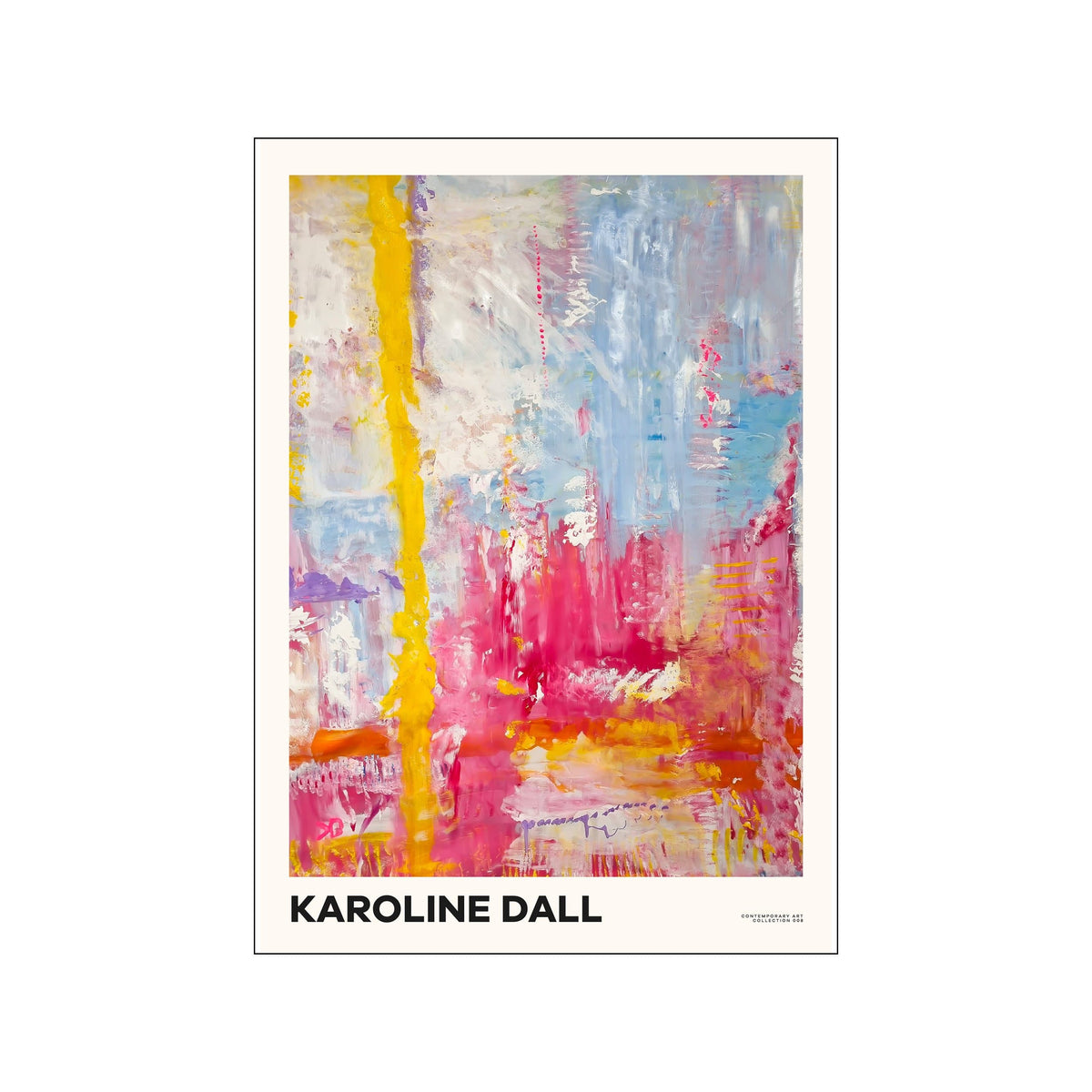 Abstract Karoline Dall print with blue, pink, yellow, and orange brushstrokes
