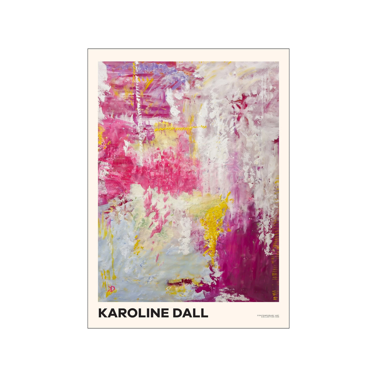 Abstract poster with vivid pink, yellow, and white brushstrokes by Karoline Dall