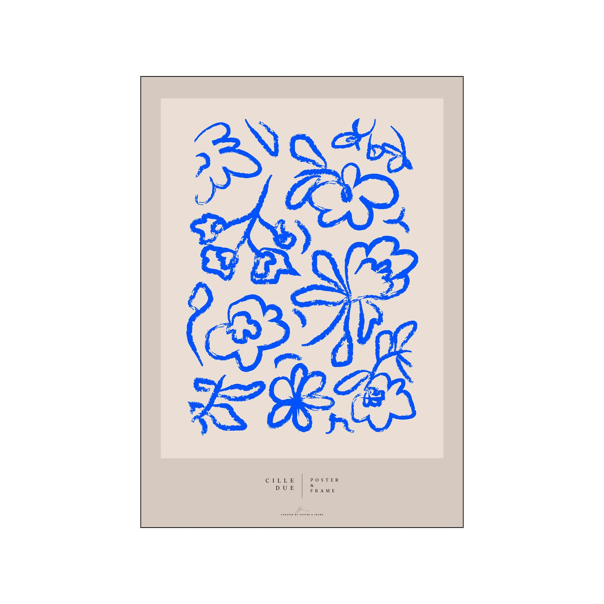 Blue hand-drawn floral outlines arranged on a warm beige poster background